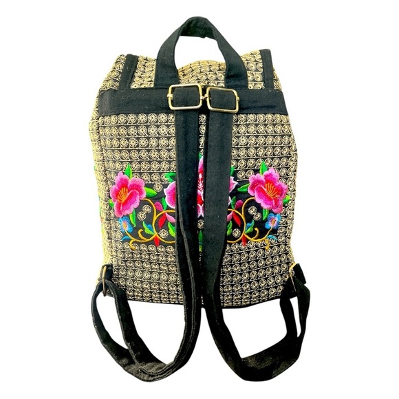 Boho Hippie Gypsy Embroidered Art to Wear Floral Cinch Sack Backpack Handbag - Picture 4 of 10